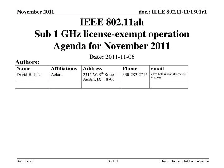 ieee 802 11ah sub 1 ghz license exempt operation agenda for november 2011