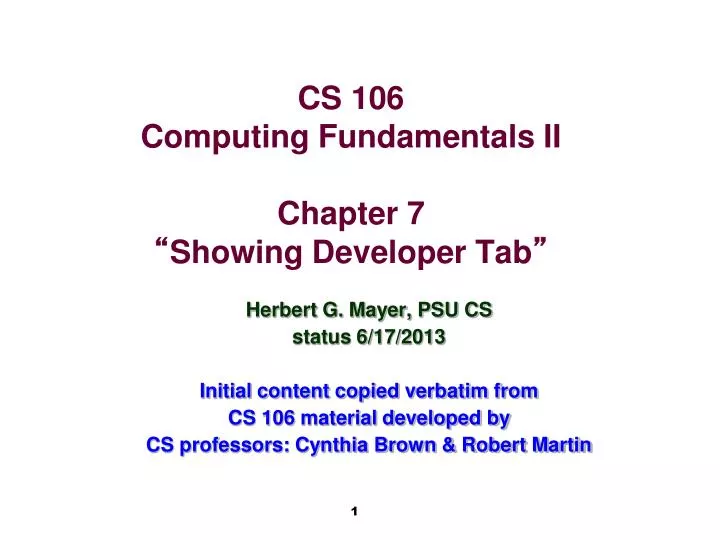 cs 106 computing fundamentals ii chapter 7 showing developer tab