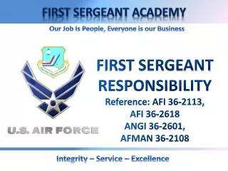 FIRST SERGEANT RESPONSIBILITY Reference: AFI 36-2113, AFI 36-2618 ANGI 36-2601, AFMAN 36-2108