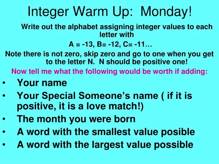 integer warm up monday