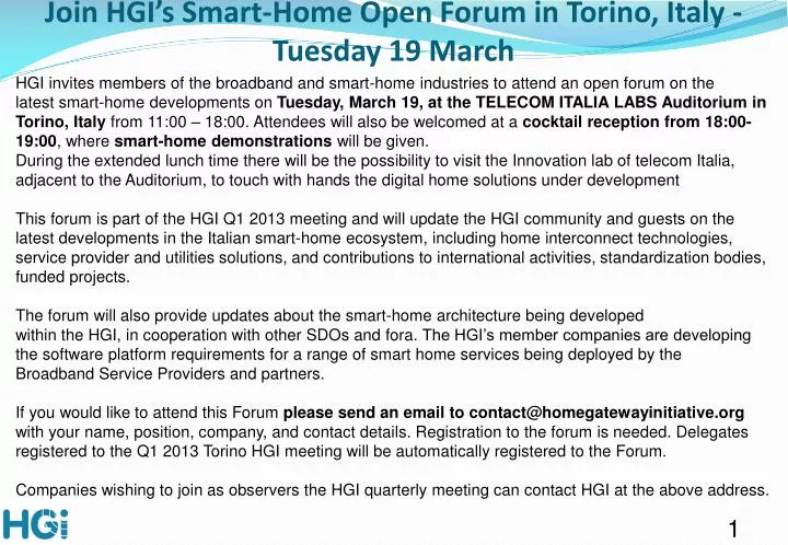 join hgi s smart home open forum in torino italy tuesday 19 march
