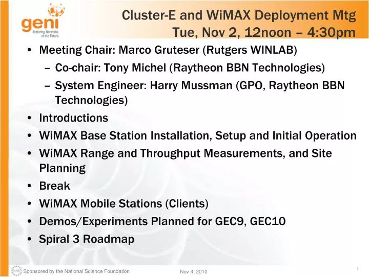 cluster e and wimax deployment mtg tue nov 2 12noon 4 30pm