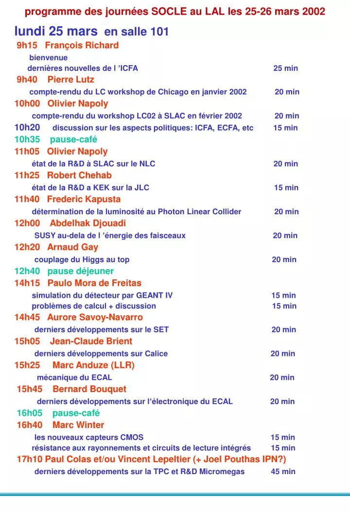 programme des journ es socle au lal les 25 26 mars 2002