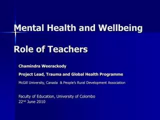 Mental Health and Wellbeing Role of Teachers