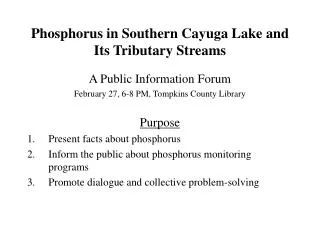 Phosphorus in Southern Cayuga Lake and Its Tributary Streams