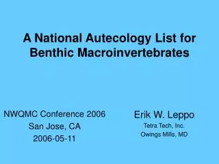 A National Autecology List for Benthic Macroinvertebrates