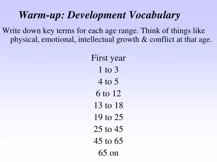 warm up development vocabulary