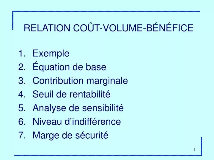 relation co t volume b n fice