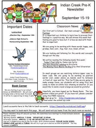 Indian Creek Pre-K Newsletter September 15-19