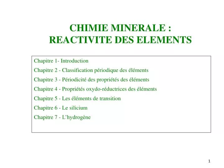 chimie minerale reactivite des elements