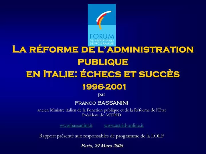 la r forme de l administration publique en italie checs et succ s 1996 2001