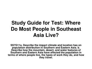 Study Guide for Test: Where Do Most People in Southeast Asia Live?