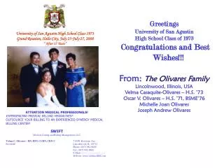 Greetings University of San Agustin High School Class of 1973 Congratulations and Best Wishes!!!
