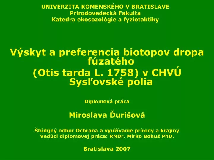 univerzita komensk ho v bratislave prirodovedeck fakulta katedra ekosozol gie a fyziotaktiky