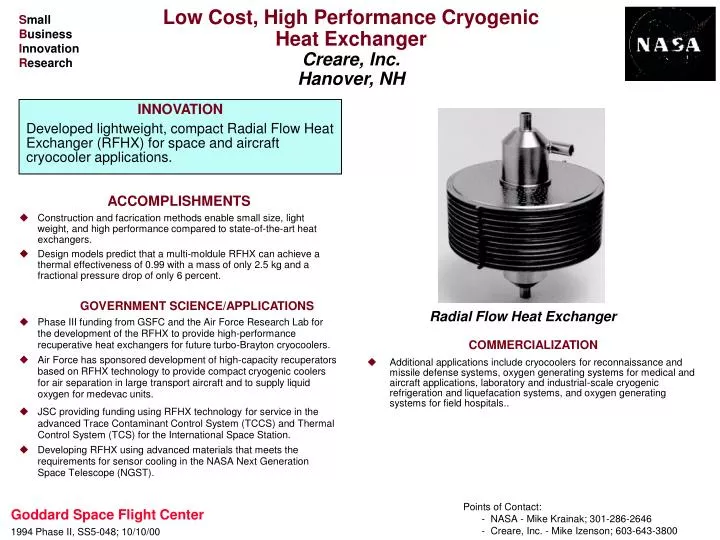low cost high performance cryogenic heat exchanger creare inc hanover nh