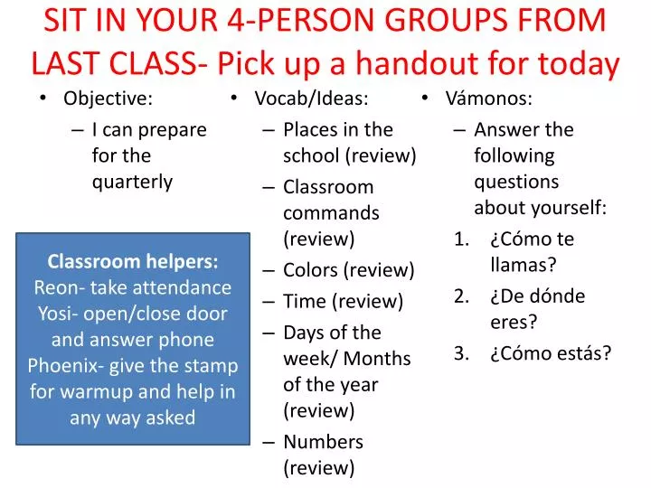 sit in your 4 person groups from last class pick up a handout for today