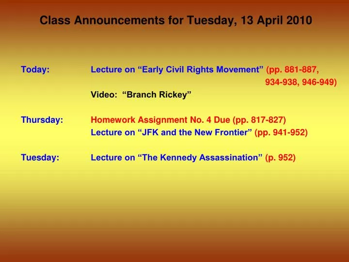 class announcements for tuesday 13 april 2010