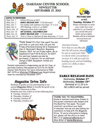 OAKHAM CENTER SCHOOL NEWSLETTER september 27, 2013