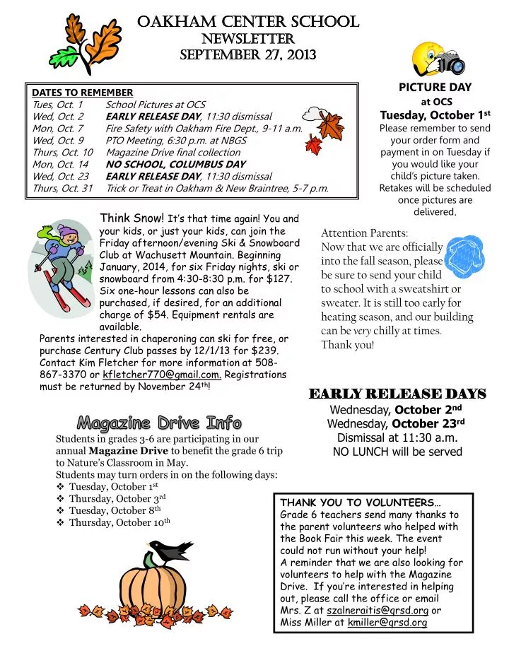 oakham center school newsletter september 27 2013