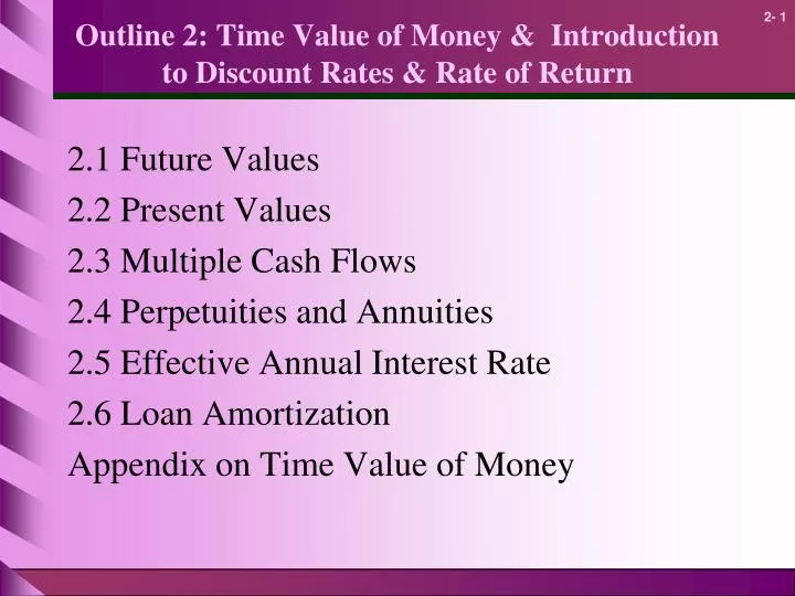 outline 2 time value of money introduction to discount rates rate of return