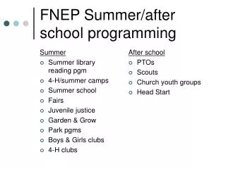 FNEP Summer/after school programming