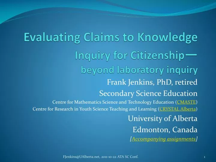 evaluating claims to knowledge inquiry for citizenship beyond laboratory inquiry
