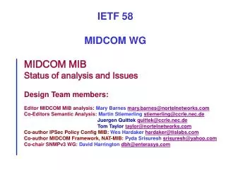 MIDCOM MIB Status of analysis and Issues Design Team members: