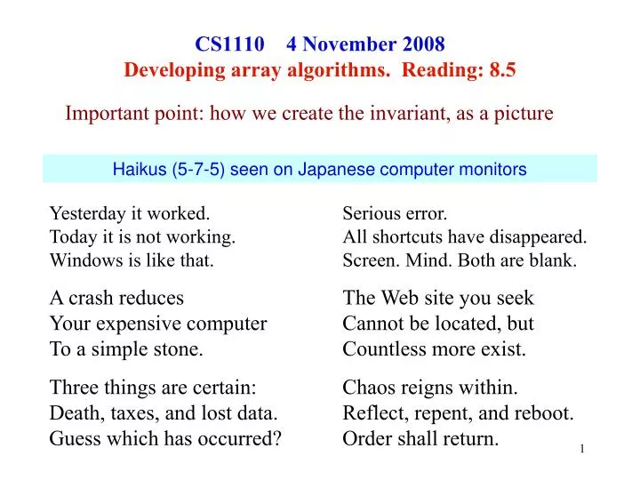 cs1110 4 november 2008 developing array algorithms reading 8 5