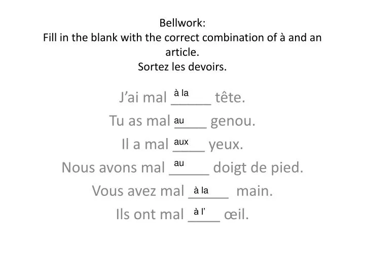 bellwork fill in the blank with the correct combination of and an article sortez les devoirs