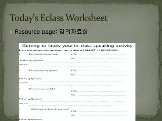 Today's Eclass Worksheet