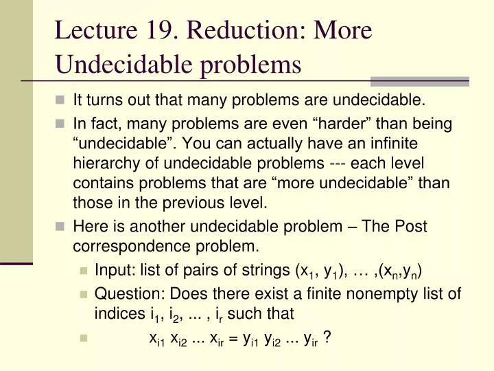 lecture 19 reduction more undecidable problems