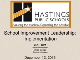 School Improvement Leadership: Implementation CIA Team Denise Behrends Chad Dumas Beth McCracken