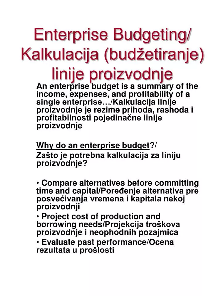 enterprise budgeting k alkulacija bud etiranje linije proi z vodnje