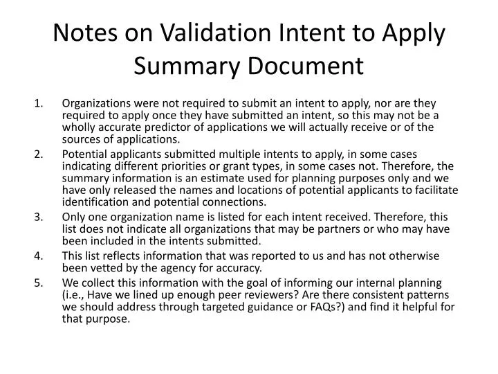 notes on validation intent to apply summary document