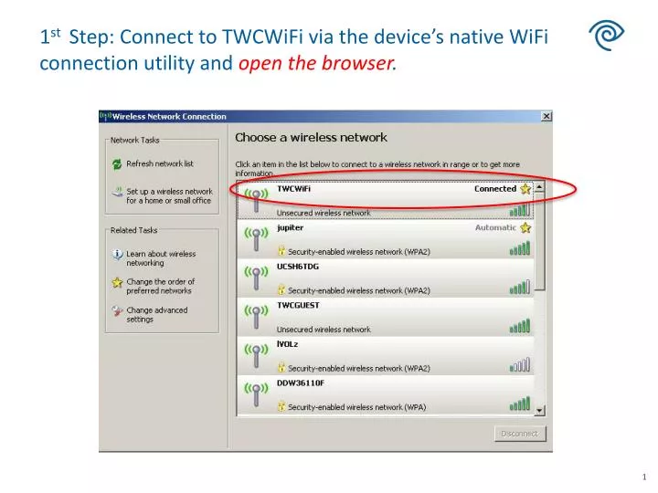 1 st step connect to twcwifi via the device s native wifi connection utility and open the browser