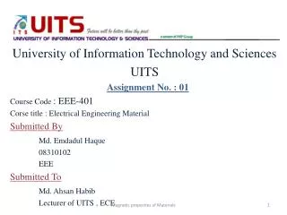 University of Information Technology and Sciences UITS Assignment No. : 01 Course Code : EEE-401