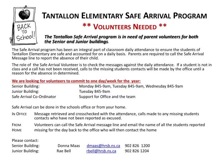 tantallon elementary safe arrival program volunteers needed