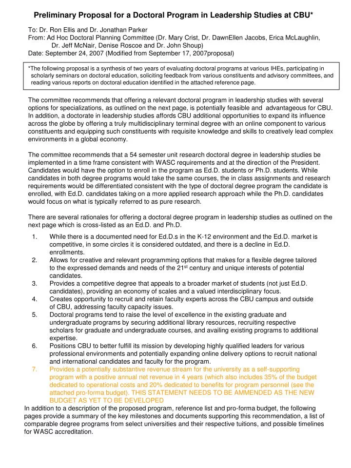 preliminary proposal for a doctoral program in leadership studies at cbu