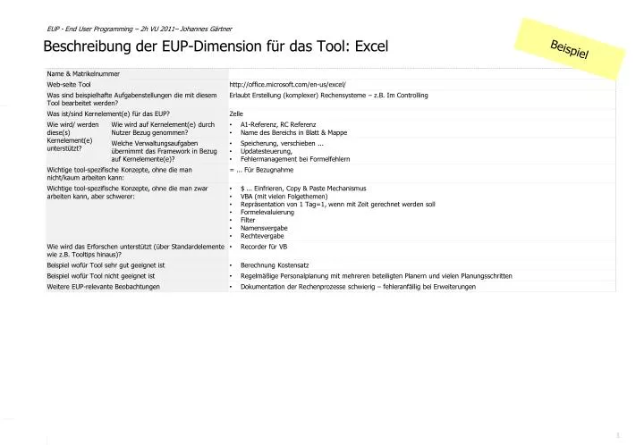 beschreibung der eup dimension f r das tool excel