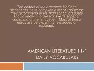 AMERICAN LITERATURE 11-1 DAILY VOCABULARY