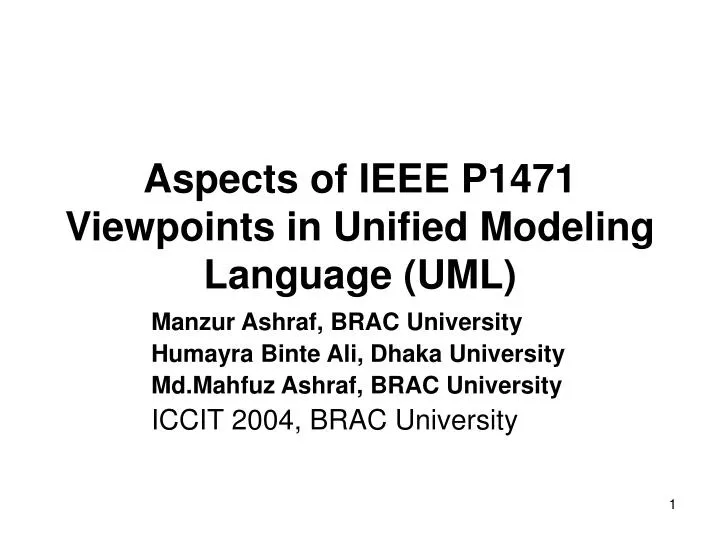 aspects of ieee p1471 viewpoints in unified modeling language uml