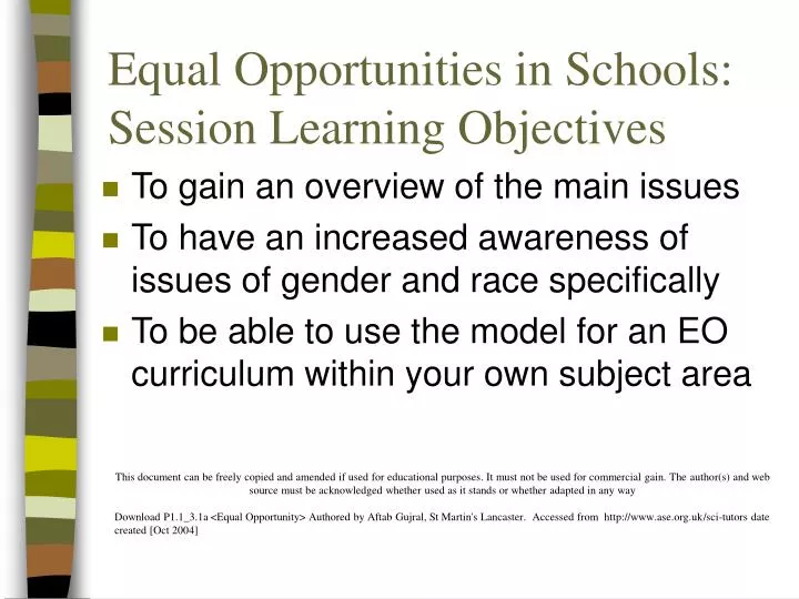 equal opportunities in schools session learning objectives