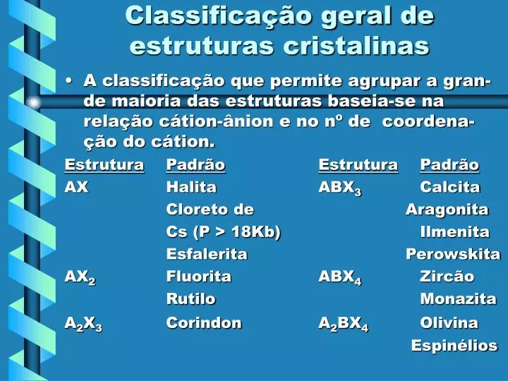 classifica o geral de estruturas cristalinas