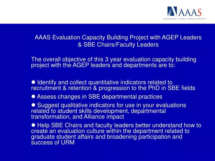 aaas evaluation capacity building project with agep leaders sbe chairs faculty leaders