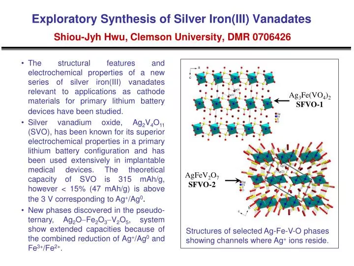 exploratory synthesis of silver iron iii vanadates shiou jyh hwu clemson university dmr 0706426