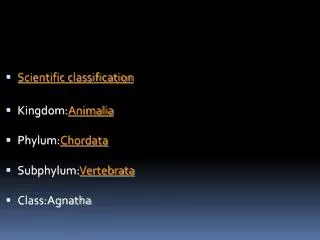 Scientific classification Kingdom: Animalia Phylum: Chordata Subphylum: Vertebrata Class:Agnatha