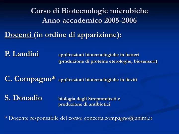 corso di biotecnologie microbiche anno accademico 2005 2006