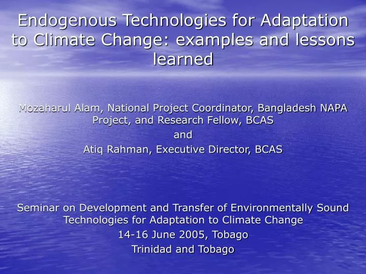 endogenous technologies for adaptation to climate change examples and lessons learned