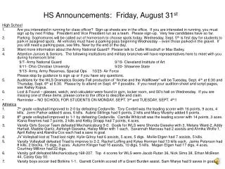 HS Announcements: Friday, August 31 st