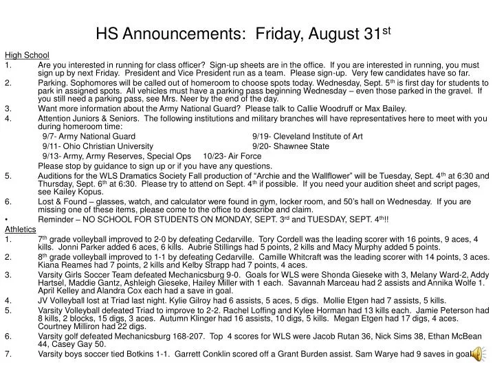 hs announcements friday august 31 st